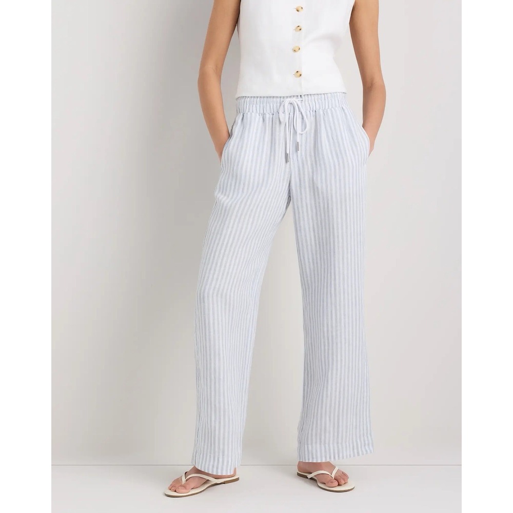 New Quince 100% European Linen High Rise Wide Leg Blue Stripe Pants Size XL